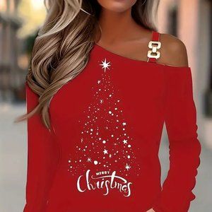 UP TO 50% OFF!! Christmas Chain Detail Tee Top, Casual Cold Shoulder Long Sleeve